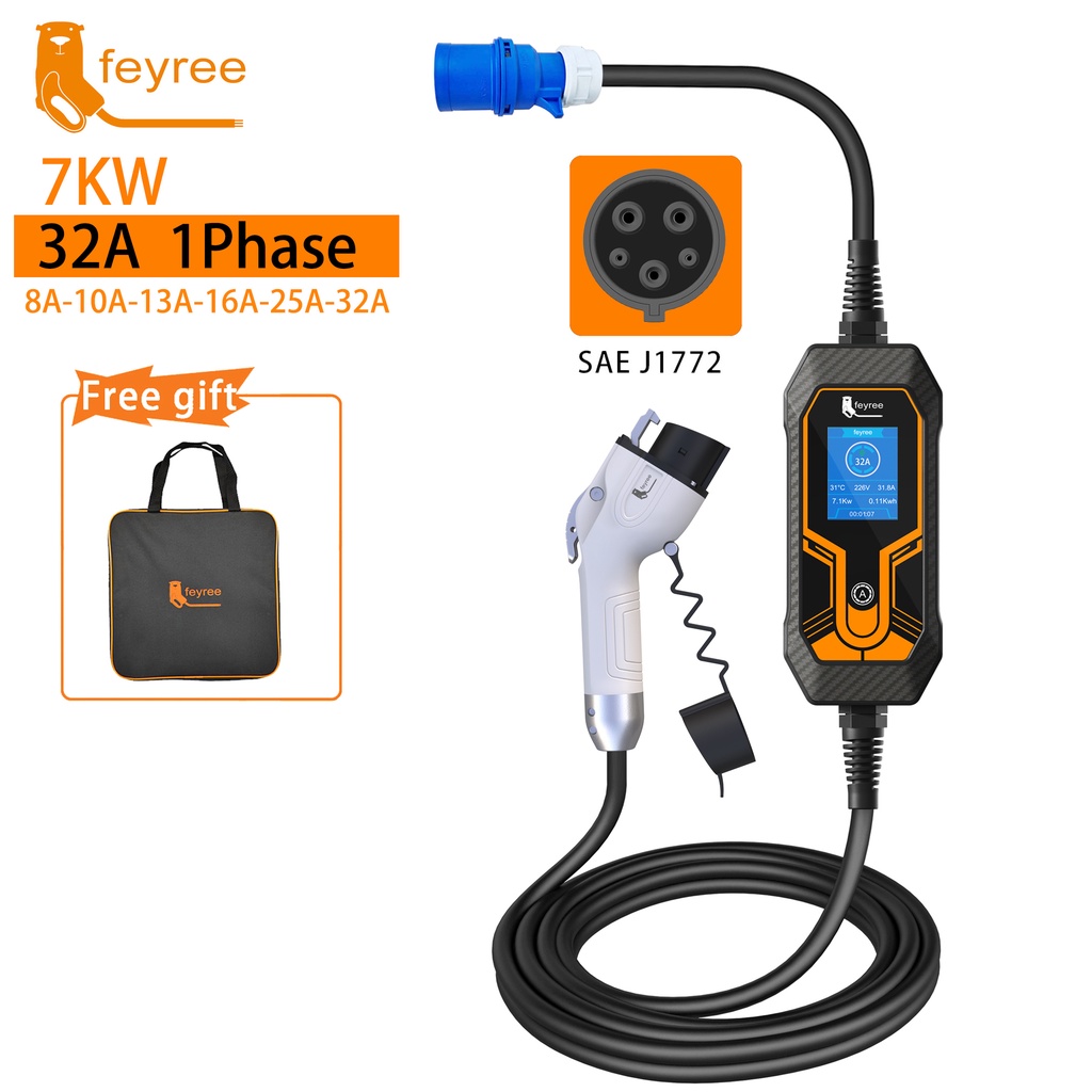 feyree便攜式電動車充電適配器 Type1型J1772帶3.5米歐標電纜32A7KW