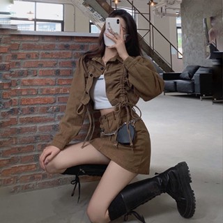 BAH✨復古兩件套現貨 韓版套裝 抽繩短版外套 A字半身裙 套裝 微胖女孩穿搭小個子氣質套裝 春季新款 設計感 甜酷女裝