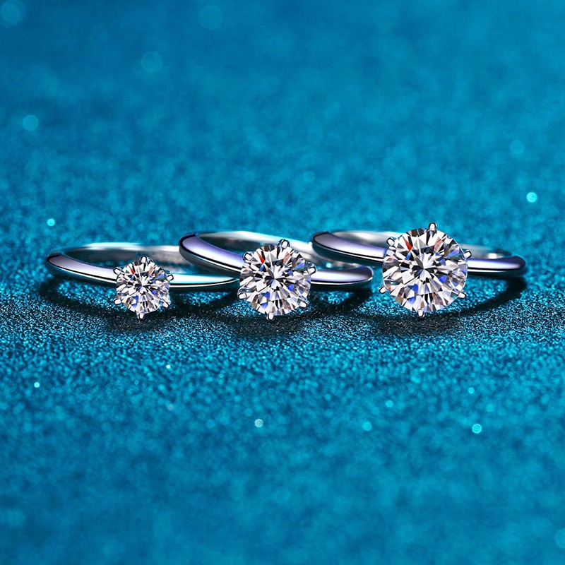 莫桑鑽石5--9mm 戒指 女 925銀 0.5--3CT  D色莫桑石 可過測鑽筆 帶鑑定證書  經典六爪戒指