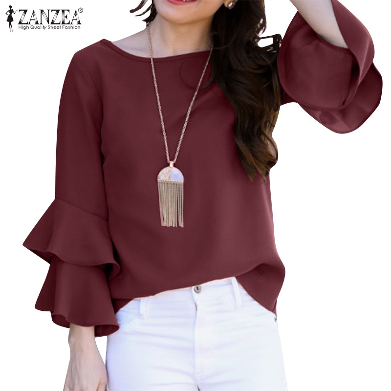 Zanzea 女式時尚 3/4 喇叭袖寬鬆休閒圓領襯衫