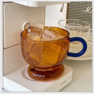 新品琥珀色水杯 復古玻璃杯 耐高溫防爆可愛小胖墩喝水杯咖啡杯家用茶杯帶把手