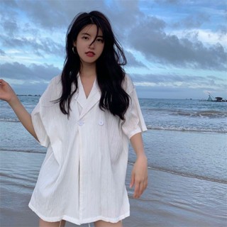【Wik】短袖 襯衫 女 襯衫女設計感小眾夏季韓版新款薄款西裝領寬鬆短袖上衣上衣潮