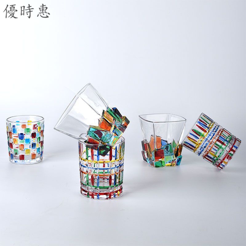 ❤優時惠❤日本玻璃杯 造型玻璃杯 透明玻璃杯 浮雕玻璃杯 新款人工手繪彩色玻璃杯無鉛威士忌酒杯酒杯多彩杯子ins高顏值