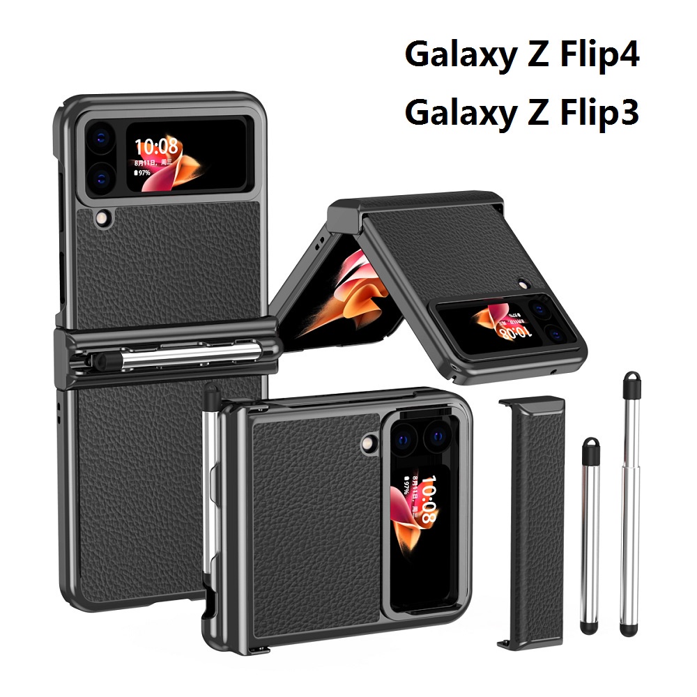 WW39三星 Galaxy Z Flip 4 手機殼帶雙鉸鏈保護膜,Z Flip4 5G Flip3 荔枝紋 PU 皮革