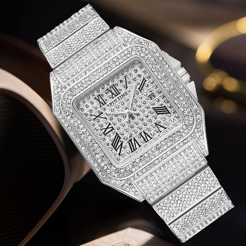 Pintime 2627 男士手錶時尚方形鑽石日曆時鐘流行男士石英手錶