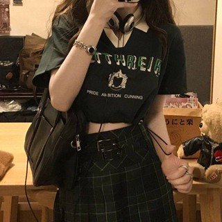 美式復古POLO領短袖T恤女設計感小眾夏季ins辣妹收腰露臍短款上衣