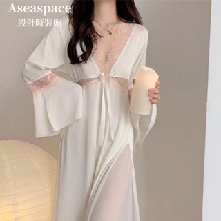 aseaspace·春夏新款法式睡裙長款睡衣裙子女性感蕾絲高腰睡裙甜美洋氣V領長袖洋裝