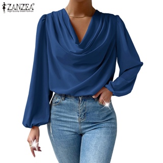 Zanzea 女式歐洲日常搖擺領緞面泡泡袖鬆緊袖口襯衫