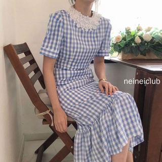 NEINEI 韓國夏季甜美優雅翻領蕾絲刺繡花收腰顯瘦格紋短袖 緊身格子魚尾洋裝女