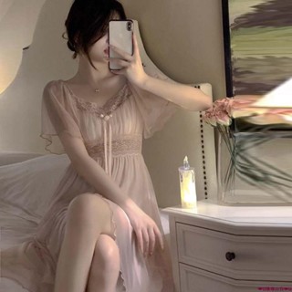 【限時免運】帶胸墊睡裙女夏季新款短袖蕾絲網紗可愛甜美公主風網紅家居服睡衣 冰絲 純棉睡衣 睡裙 家居服