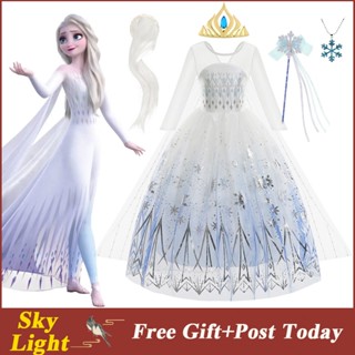 雪之女王 Elsa Frozen 聖誕連衣裙女童網眼禮服帶斗篷皇冠假髮兒童衣服生日禮物全套萬聖節派對裝