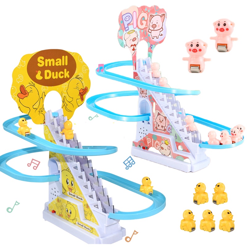 Diy軌道賽車軌道電動小鴨子爬樓梯玩具豬可動人偶玩具音樂過山車鴨子玩具兒童