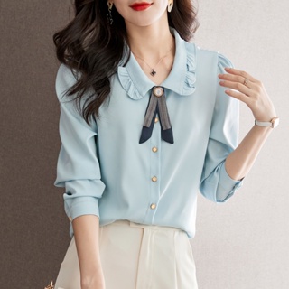 愛依依 長袖襯衣 上衣 通勤職業襯衫S-2XL 新款雪紡衫女韓系高級感藍色別緻上衣娃娃領襯衫T651-821.