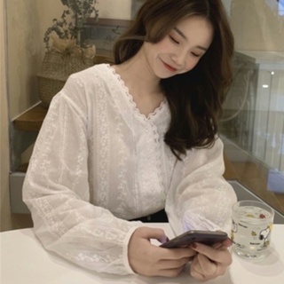 白色長袖襯衫 韓版花邊v領蕾絲刺繡花襯衫 洋氣寬鬆上衣