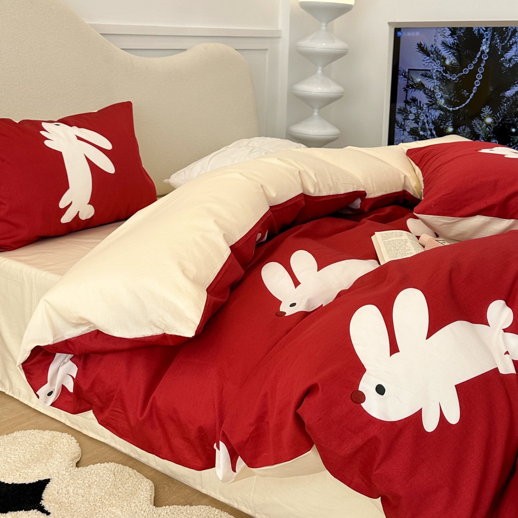 紅色床包組 結婚床包組 單人雙人床包組兔年爆款喜慶全棉兔子四件套ins風100%純棉斜紋被套三件套床用品
