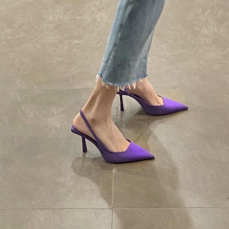 2023春夏新款淺口紫色包頭細跟高跟鞋女涼鞋韓版簡約單鞋尖頭10cm