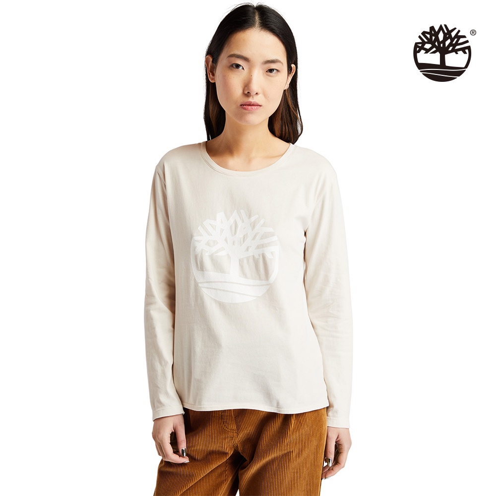 Timberland 女款白沙色樹型LOGO有機棉長袖T恤|A23SHBH7
