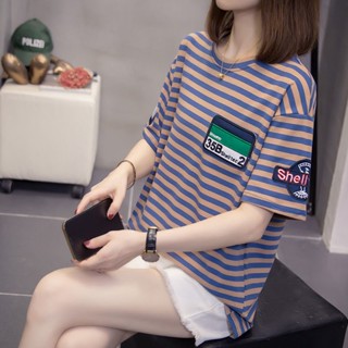【HOSS】夏季加肥大碼女裝胖mm刺繡字母條紋短袖t恤女學生200斤遮肚上衣bf