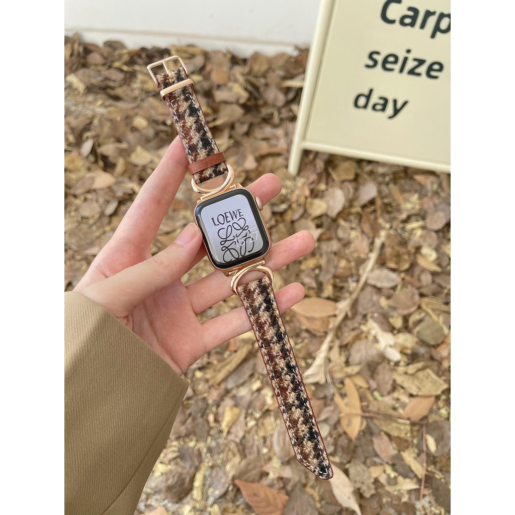 古董羊毛千鳥格小牛皮錶帶兼容 Apple iWatch 系列 8 7 6 5 4 SE 錶帶腕帶時尚錶帶適用於 iWat