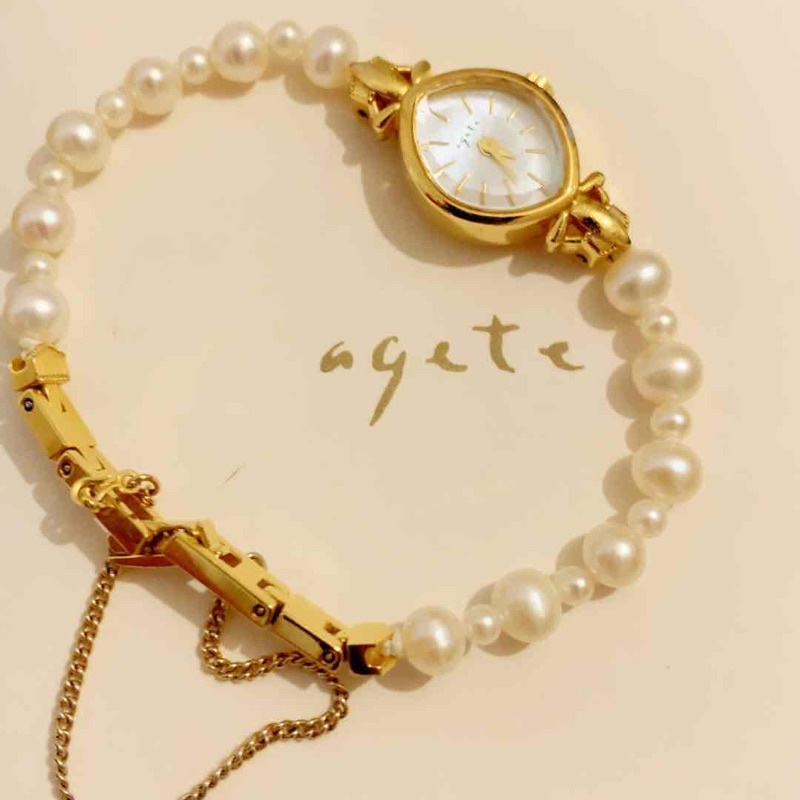 二手 正品 Agete珍珠錶 杏仁型錶 珍珠手錶 珍珠錶鏈 輕珠寶表
