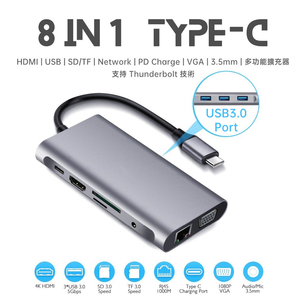 【全館免運】 8 in 1Type C Hub 擴展塢 Thunderbolt VGA HDMI 3.5耳機孔 讀卡機