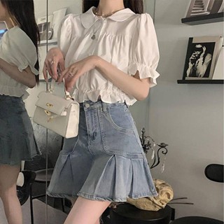 2022夏季新款襯衫女韓版甜美娃娃領百搭短款襯衣白色泡泡袖上衣潮