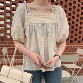 韓版短袖襯衫 鏤空刺繡花方領娃娃衫 夏季洋氣寬鬆上衣