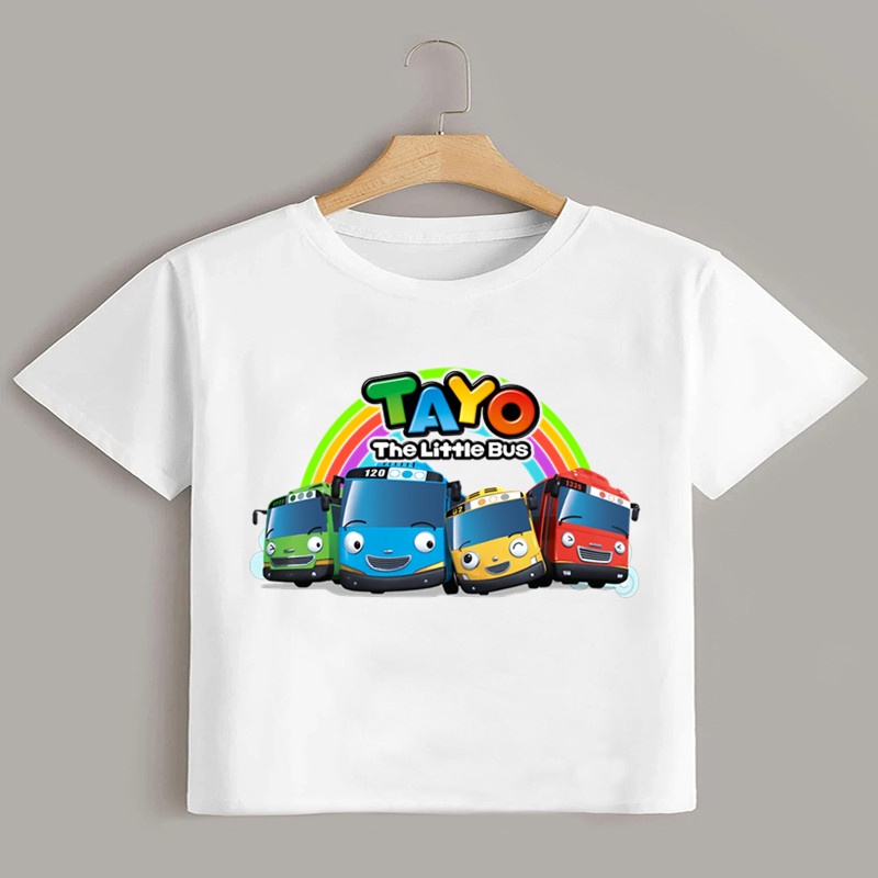Tayo the Little Bus 印花卡通兒童 T 恤女孩夏季上衣男嬰衣服搞笑兒童短袖 T 恤