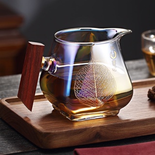【阿鵲】貝彩燒公道杯加厚玻璃分茶器實木柄幻彩色公杯大容量高檔創意茶海