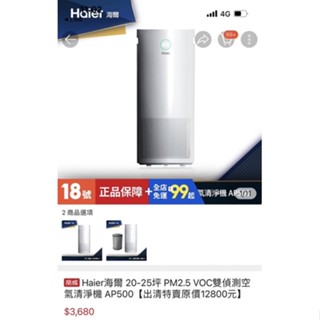 (已售出))Haier海爾 PM2.5、VOC雙偵測空氣清淨機 AP500 適用20-25坪