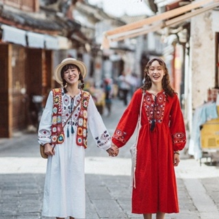 2023 new波西米亞民族風長裙刺繡棉麻白裙度假出遊洋裝超仙旅行女裝新款