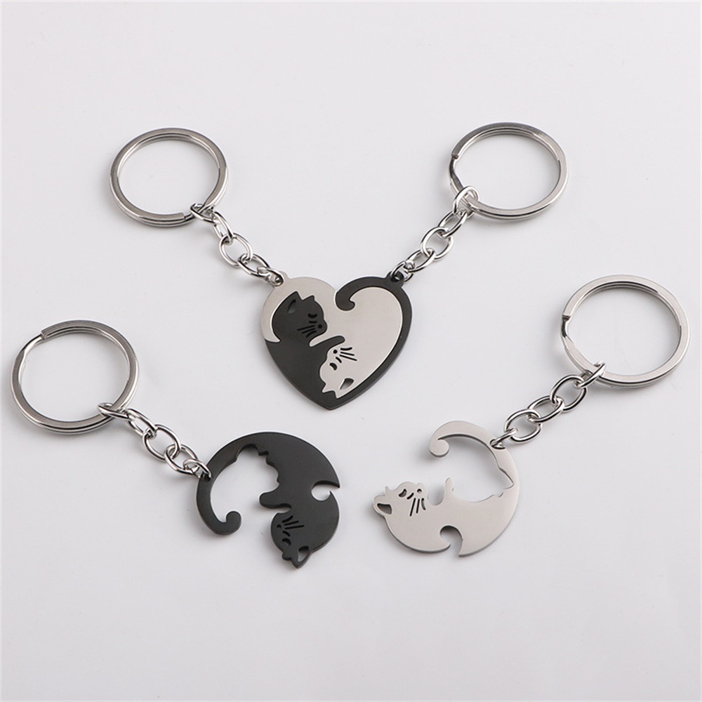 2 件裝可愛黑貓鑰匙扣拼布心形圓形情侶情侶鑰匙圈不銹鋼背包汽車鑰匙圈掛飾