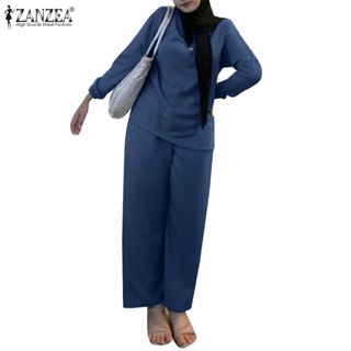 Zanzea 女士穆斯林日常休閒長袖襯衫+鬆緊腰闊腿褲套裝