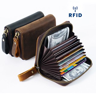 高品質復古 VIP ID 銀行信用卡夾 RFID 拉鍊錢包超薄小卡包修身瘋馬皮革 RFID 男士手工卡包