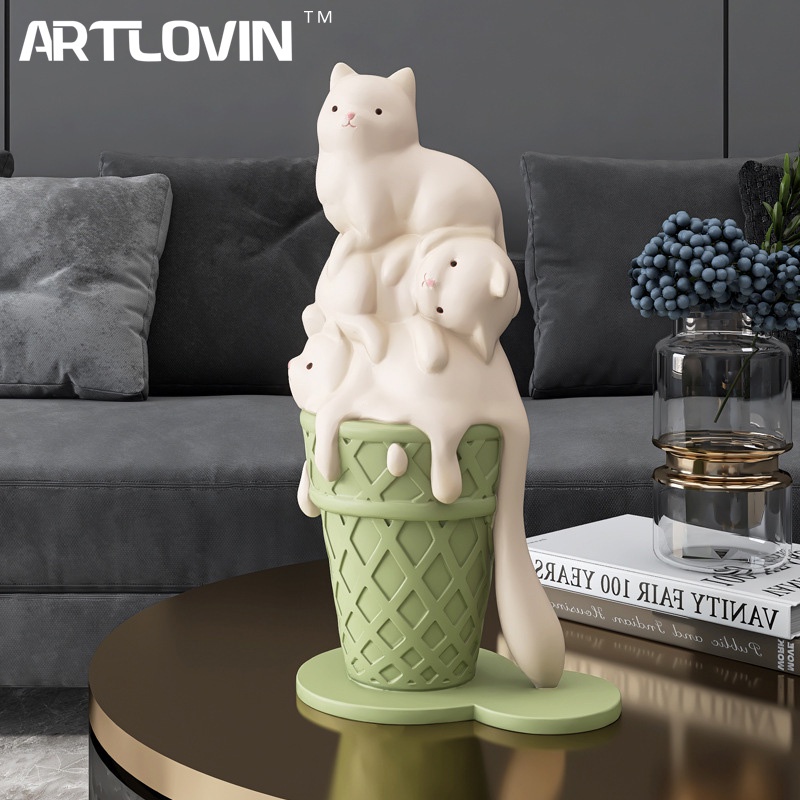 冰淇淋貓雕塑 樹脂雕像 貓咪裝飾品 擺件 玄關收納 鑰匙收納 鑰匙托盤 客廳擺件 桌面擺件 樹脂工藝品 裝飾品北歐 貓咪
