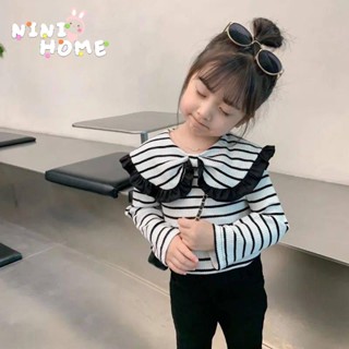 NINI家 女童春秋 條紋 T恤 女寶寶打底衫蝴蝶結 洋氣長袖t兒童內搭秋季上衣潮