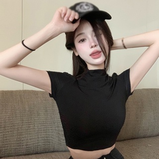 韓國露臍上衣高腰修身 T 恤黑色短袖