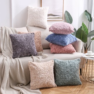 壓花毛絨45*45方形客廳臥室抱枕家居用品雙面純色沙發靠墊套大兔毛辦公室靠枕