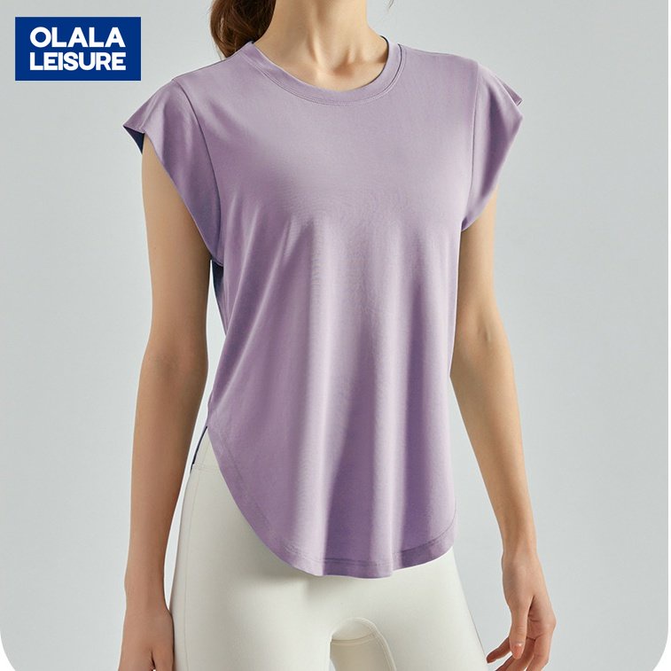 OLALA新款莫代爾寬鬆健身速乾瑜伽上衣蓋肩運動短袖t恤女瑜伽服
