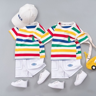 夏季嬰兒短袖服裝男女童棉質運動服條紋上衣+短褲幼兒兒童休閒裝