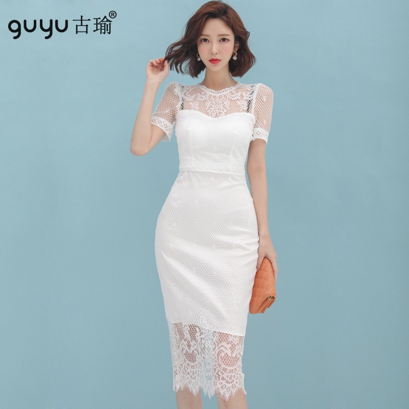 白色蕾絲洋裝韓【現貨S-XL】2023新款優雅透視包臀連身洋裝婚禮宴會禮服