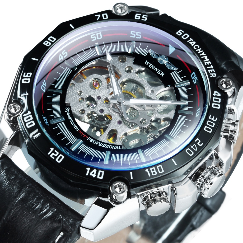 Winner 官方軍用自動機械表男士鏤空手錶頂級品牌豪華皮革錶帶手錶 2021 relogio