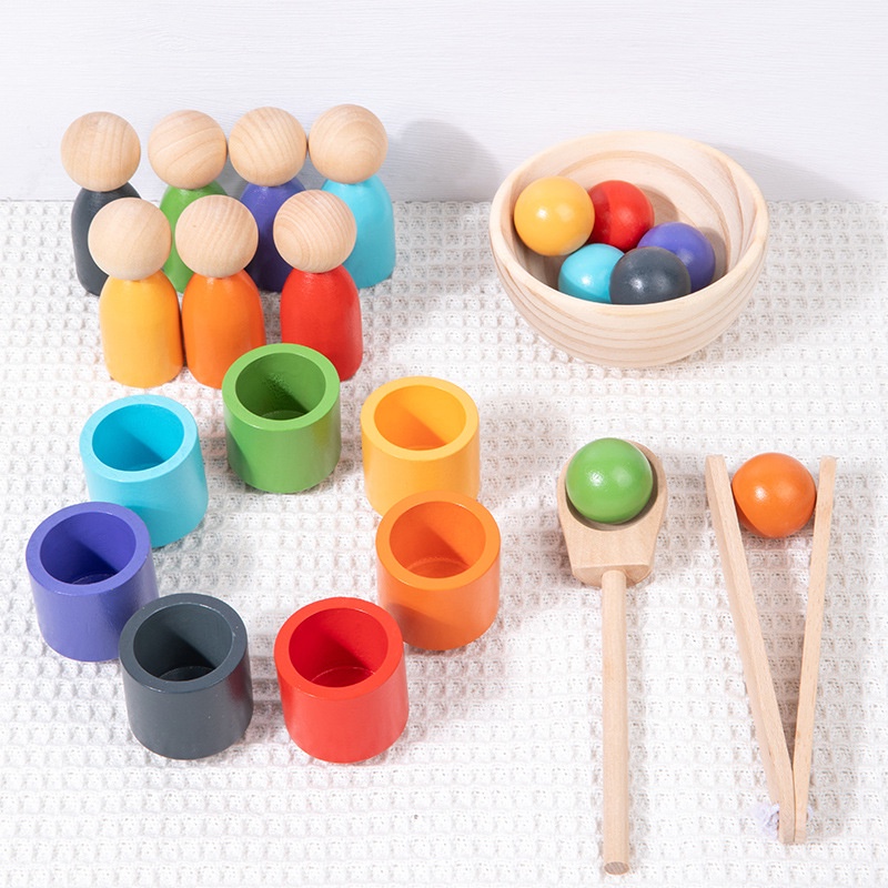 Familygongsi 蒙特梭利玩具 蒙氏教具 7色人與杯 顏色分類配對積木 夾球夾珠遊戲 1-4歲早教玩具