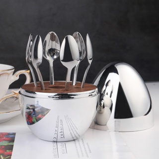 不鏽鋼咖啡匙6支裝 迷你蛋形 餐具收納盒 甜品匙 小湯匙 不鏽鋼茶勺