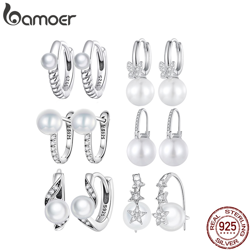 Bamoer 925 純銀(1 對)多功能簡約貝殼耳環/耳釘和搭扣時尚首飾女士
