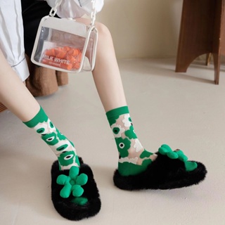 2022春夏新款韓國ins小眾透明襪子女中筒襪棉底綠色花朵玻璃絲襪