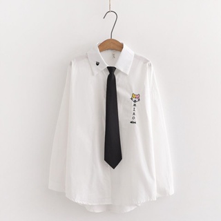 少女貓咪刺繡襯衫 學生長袖上衣 白色jk校服