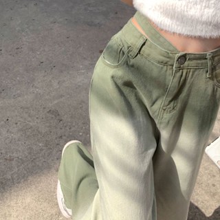 【Wik】牛仔褲女 長褲女 褲子女生 開叉直筒牛仔褲女夏新款高腰顯瘦設計感小眾寬鬆漸變拖地闊腿褲子
