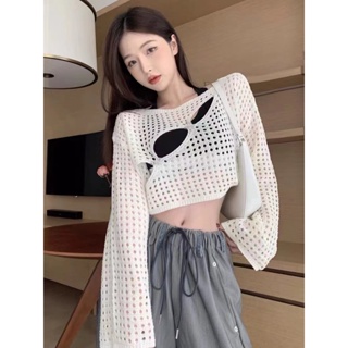 韓系女版不對稱破洞編織鏤空短版寬鬆針織衫長袖防曬上衣防曬