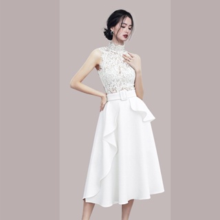 無袖洋裝 連身裙 禮服 白洋裝 2023韓版女緊身春夏季蕾絲圓領束腰無袖新款大擺型法式洋裝